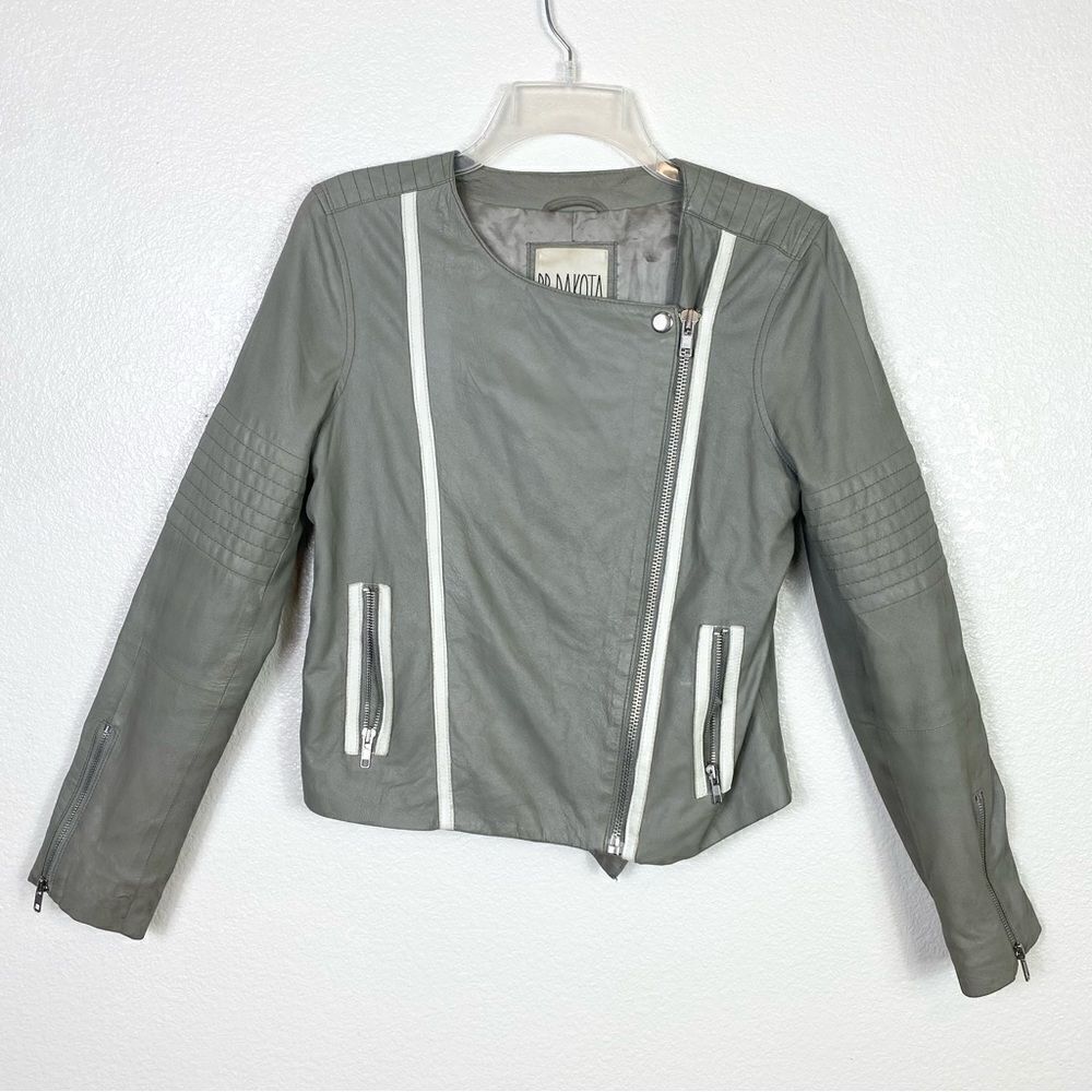 BB Dakota Grey & White Leather Fitted Zip Up Moto Jacket